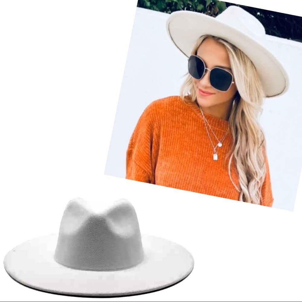 ✨FLOOR SAMPLE✨WHITE WIDE BRIM HAT WITH BROWN REMOVABLE STRAP-FEDORA STYLE